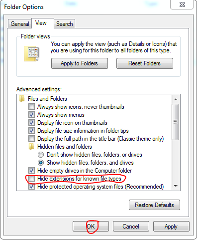 نمایش پسوند فایل ها در ویندوز
